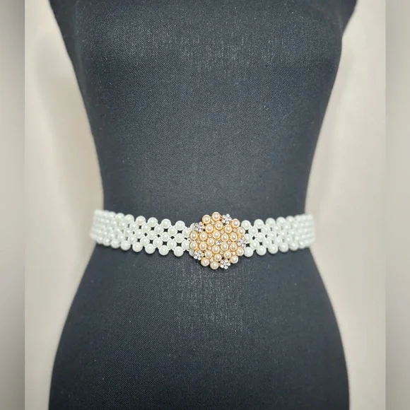 Women's Elastic Pearl Rhinestone Waist Belt - Picture 2 of 7
